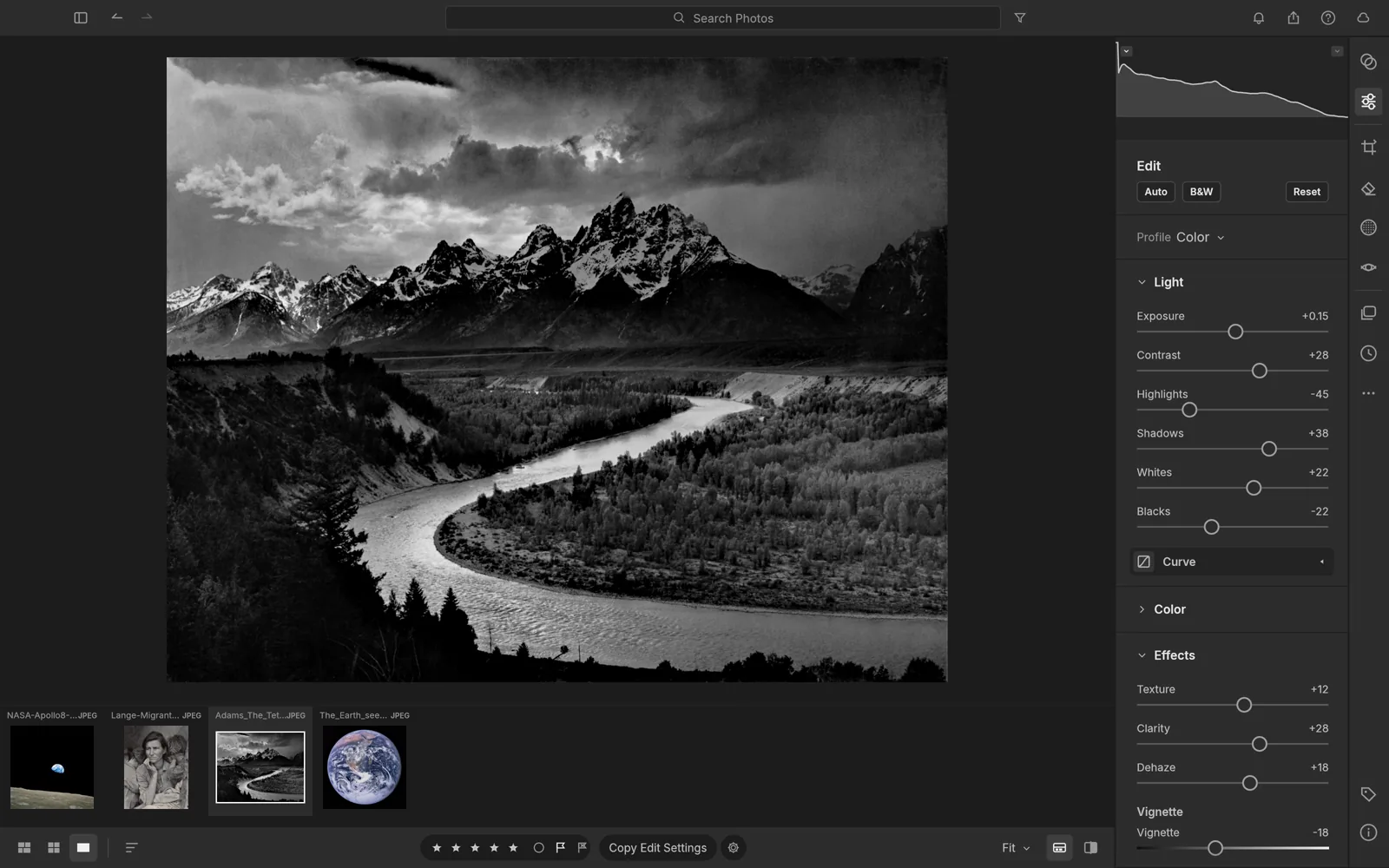 LightCraft, ArtCraft's replacement for Lightroom, with exposure, contrast and tone controls in the right rail