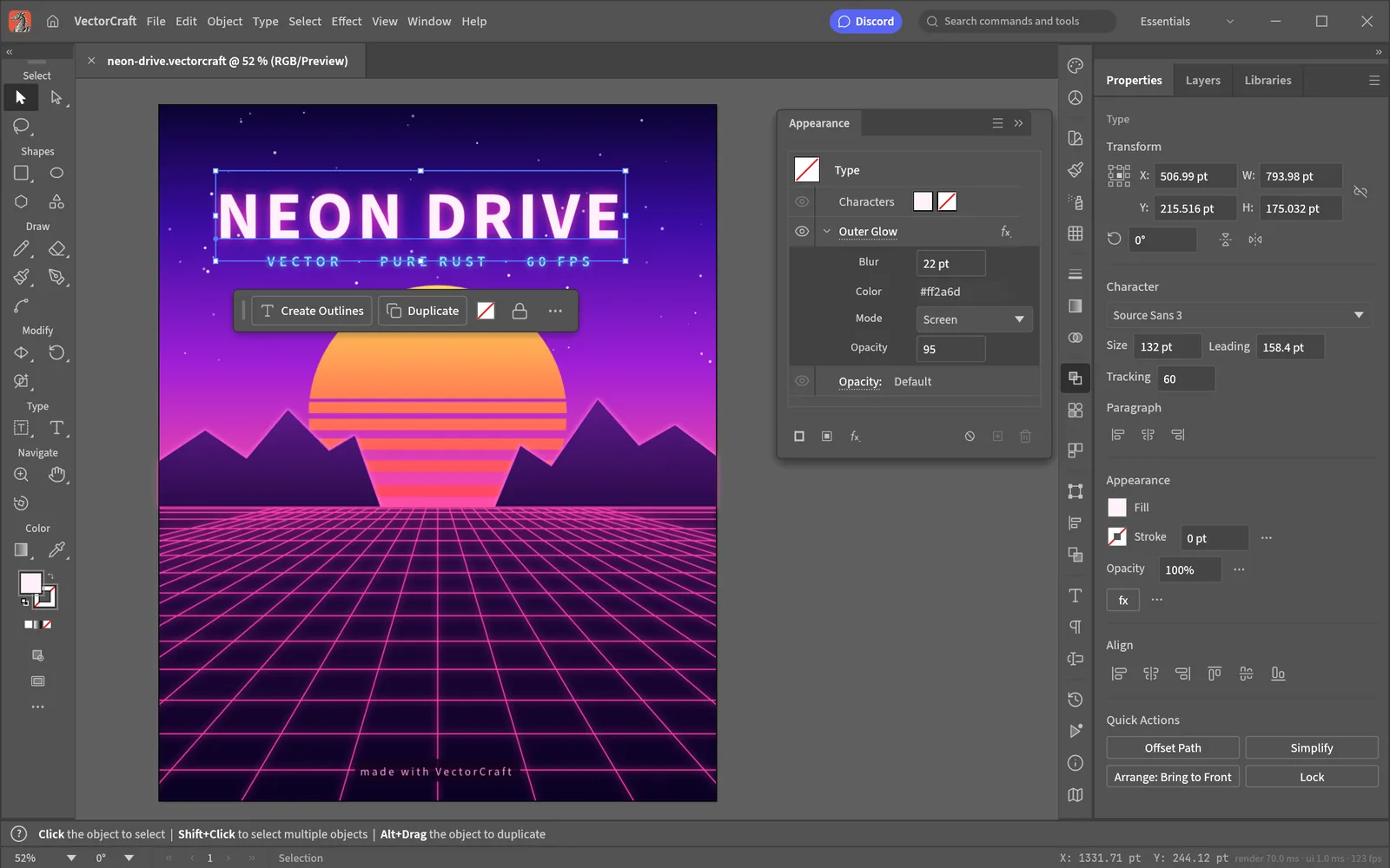 VectorCraft, ArtCraft's replacement for Illustrator, showing appearance, type and layer panels beside a neon wordmark